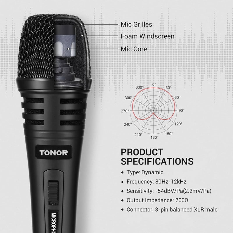 TONOR dinamikus mikrofon XLR kábellel, karaoke géphez, DVD-hez kompatibilis