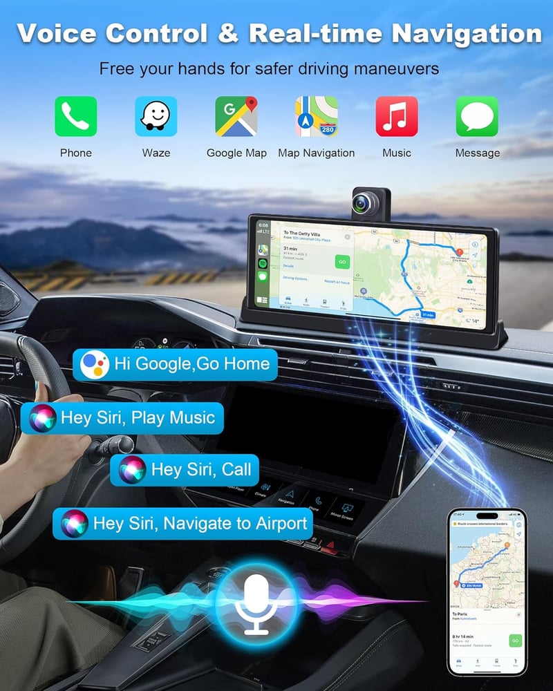 Vtopek 10,26" 4K Apple CarPlay Kijelző 350° Forgatható Kamerával - Vezeték Nélküli Android Autós Monitor, Bluetooth, Siri, Navigáció, 64GB T