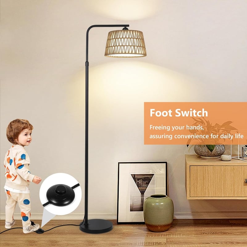 Rayofly Állólámpa Távirányítóval - Rattan Boho Állólámpa LED Izzóval, Alkalmazásvezérléssel, Rattan és Lenvászon Lámpaernyővel Nappali és H