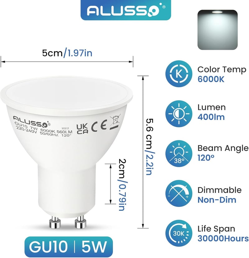 ALUSSO LIGHTING GU10 LED Izzó 5W, Hideg Fehér 6000K, 400 Lumen, 120° Szórási Szög, 50W Halogén Helyettesítő, Energiatakarékos, Villódzásment