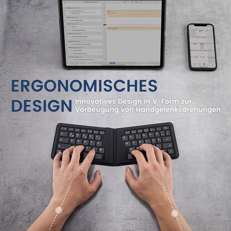 Perixx PERIBOARD-805 Ergo Bluetooth 5.1 Összehajtható Ergonomikus Billentyűzet, Ultravékony Hordozható, Sötétszürke, Német QWERTZ Kiosztás