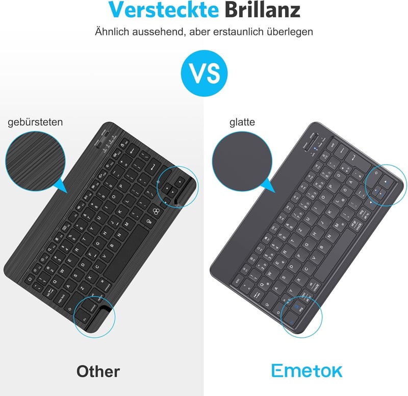 Emetok Német QWERTZ Bluetooth Billentyűzet iPad/iPhone/Android Készülékekhez, Nagyobb Billentyűkkel, Újratölthető, Ultravékony, Fekete