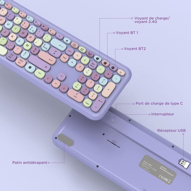 Seenda lila AZERTY Bluetooth billentyűzet - többeszközös, újratölthető, Windows/Mac/Android kompatibilis