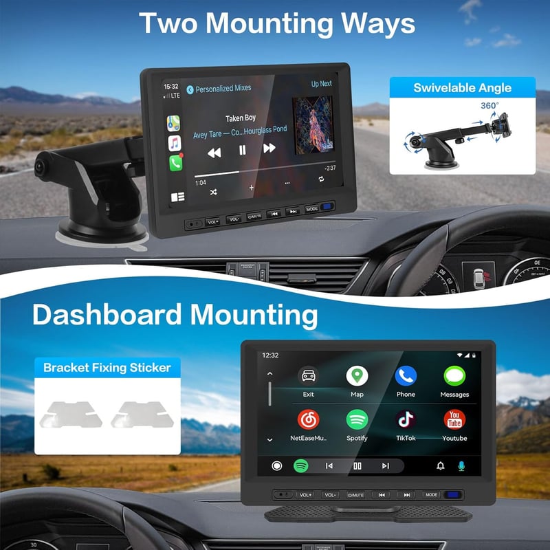Hikity 7" IPS érintőképernyős vezeték nélküli CarPlay és Android Auto autórádió, FM-adóval és tolatókamerával