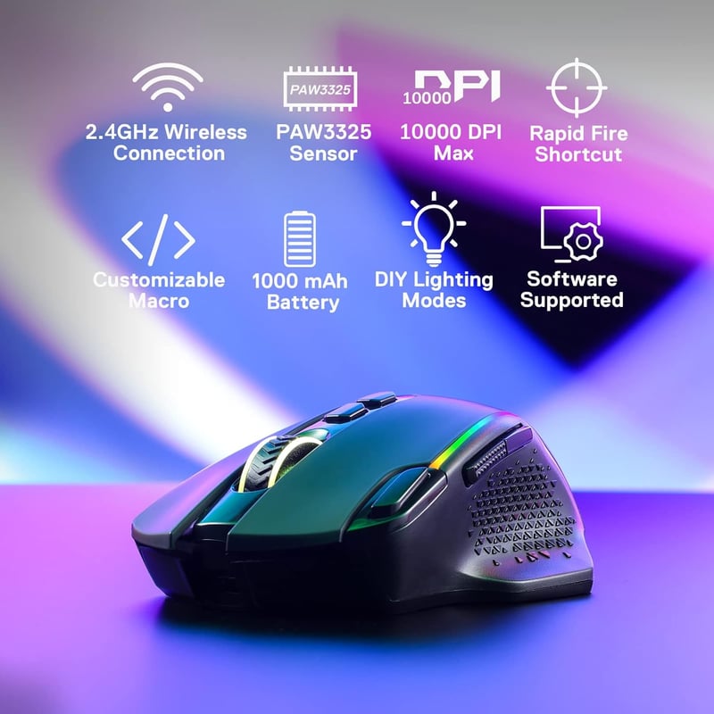 Redragon M810 Pro Vezeték Nélküli Gamer Egér, 10000 DPI, 8 Makró Gomb, Gyorstüzelés, 45 Órás Üzemidő, RGB Háttérvilágítás, PC/Mac