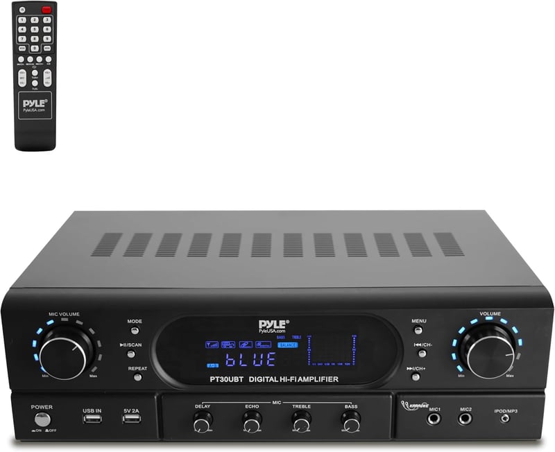 Pyle Bluetooth 5.3 Házimozi Erősítő - 2x30W Sztereó Rendszer MP3/USB/FM Támogatással, Visszhang/Mély/Magas Hangszabályzóval, Vezeték Nélküli