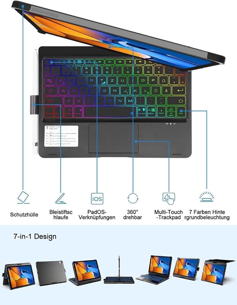 FOGARI iPad 10. Generációs Billentyűzetes Tok - Multi-Touch Trackpaddal, 7 Színű Háttérvilágítással, 10.9" Kompatibilis, QWERTZ Kiosztás, Fe