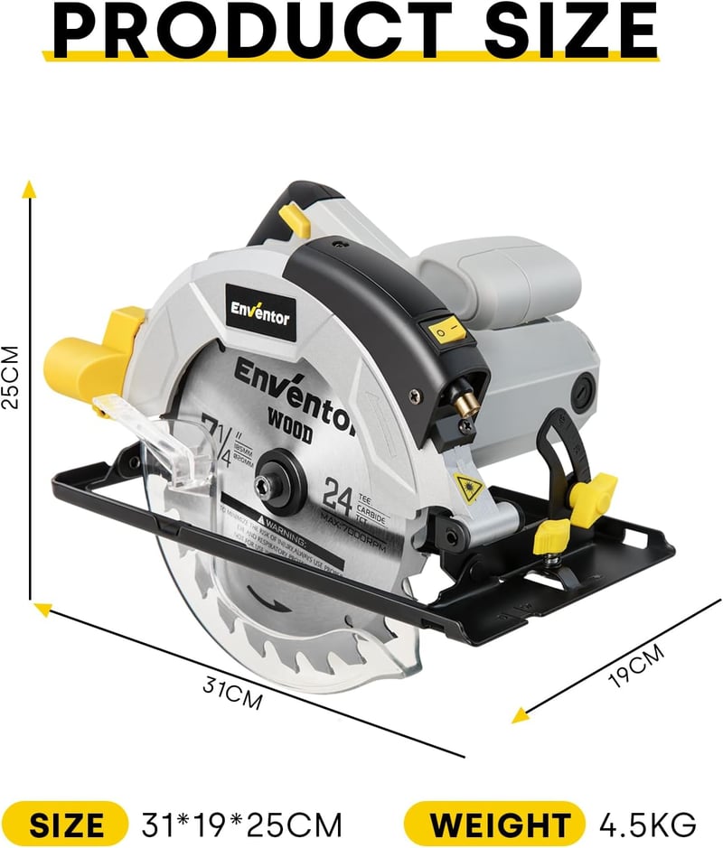 Enventor 1200W Körfűrész Vezetősínnel - 185mm Átmérőjű Fűrészlappal, 2 Pengével (24T+40T), 5800 RPM, Lézeres Vezetővel, Fa, Fém és Csempe Vá