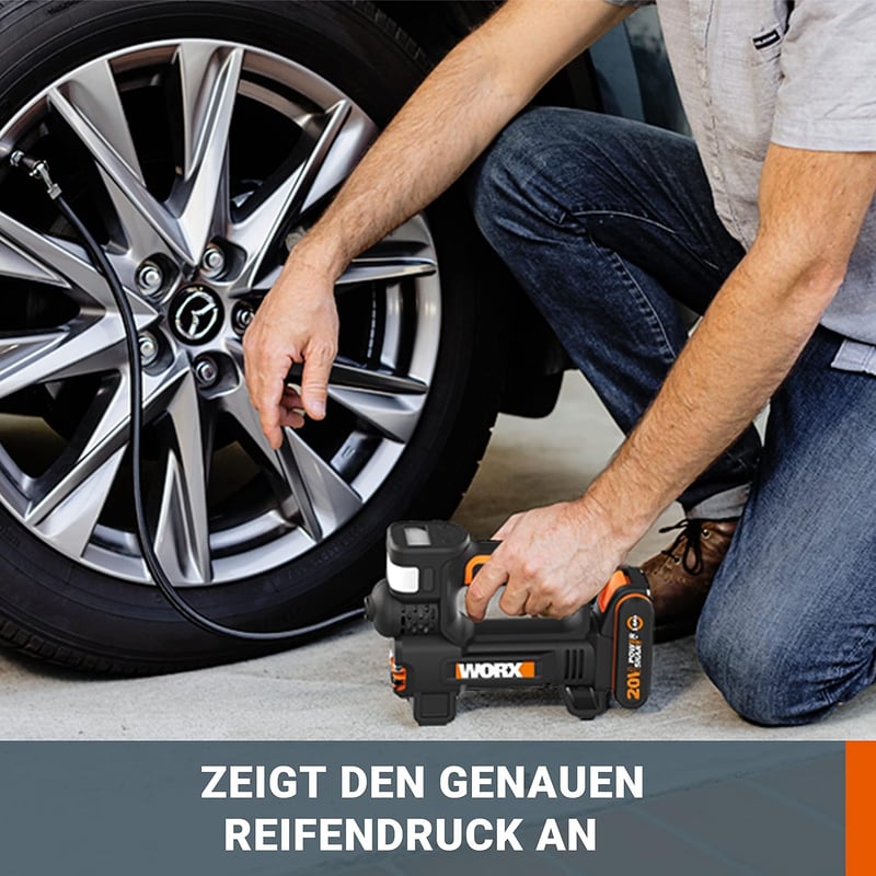 WORX PowerShare WX092 Akkumulátoros Kompresszor 10 Bar Nyomással, LED Világítással, SOS Vészfénnyel, Digitális Nyomásmérővel, Autógumi