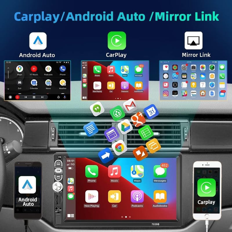 Podofo 1 DIN Autórádió 7" Érintőkijelzővel - Apple CarPlay és Android Auto Támogatás, Bluetooth Kihangosító, FM Rádió, Tolatókamera