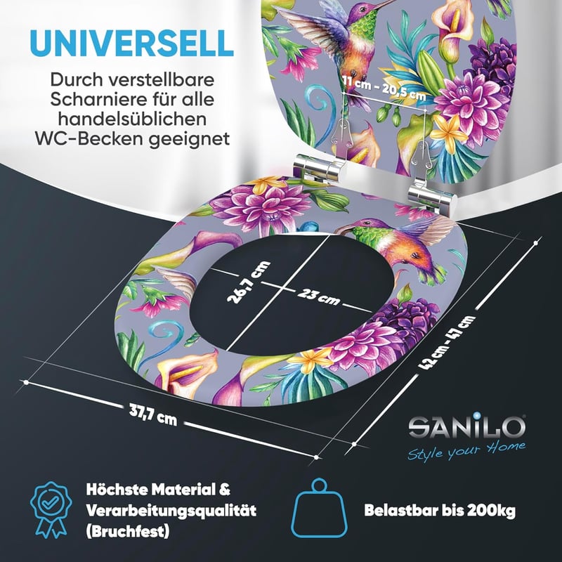 Sanilo Kolibri Mintás WC Ülőke Puha Záródással - Ovális Fa Toalett Tető, Könnyű Szerelés, Strapabíró Zsanérok, 47x37,7 cm