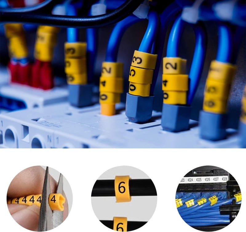 SRJQXH Kábel Jelölő Készlet - 10 Tekercs 0-9 Számozással, 2700 Kapszula, 2,5mm² Méretben, 4,2mm Átmérőig, PVC Anyagból, Sárga-Fekete