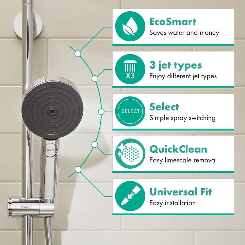 Hansgrohe Pulsify Select S Víztakarékos Zuhanyfej 9l/min, 3 Sugártípussal, Króm, Kerek (⌀105mm), EcoSmart Technológiával, Vízkőgátló Funkció