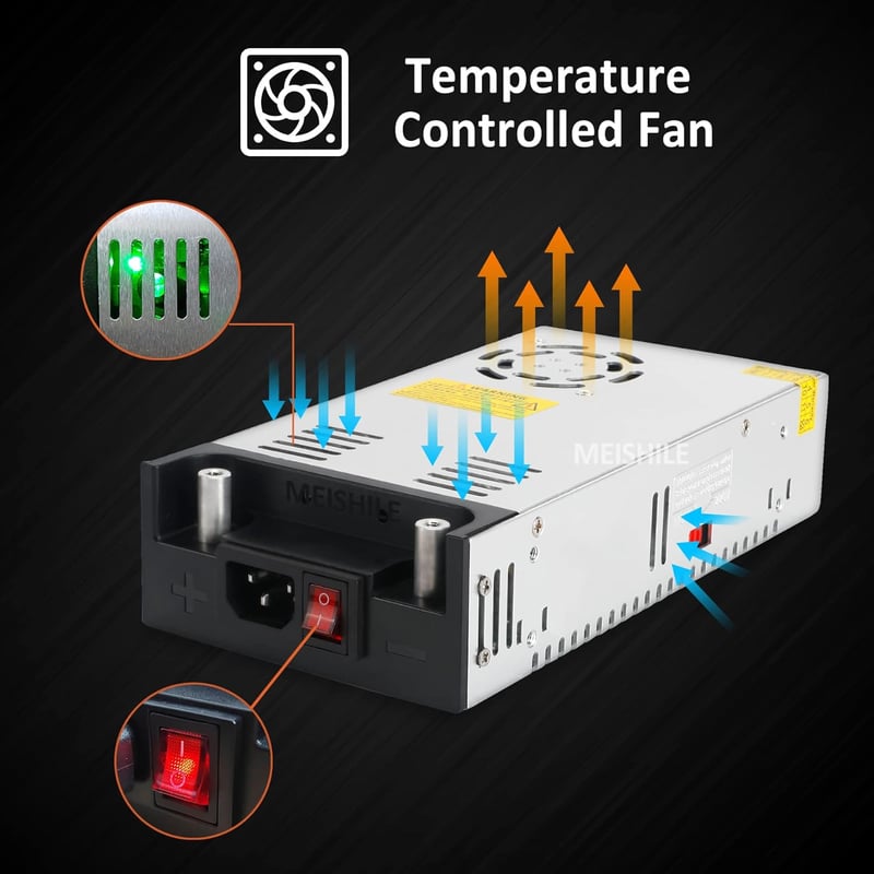 MEISHILE 12V 50A 600W Tápegység - Ipari Transzformátor LED Szalaghoz, 3D Nyomtatóhoz, Motorhoz - AC 230V/110V - Krokodilcsipeszes Csatlakozá