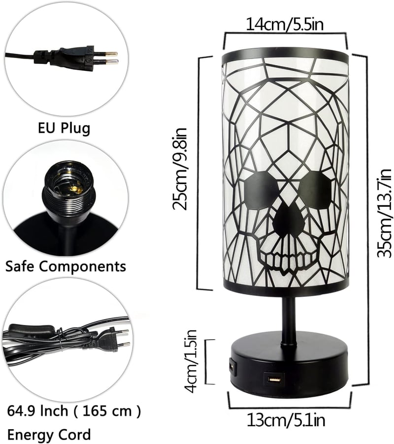 Retró koponya asztali lámpa USB töltővel, 3 fényerőszinttel, érintésvezérléssel