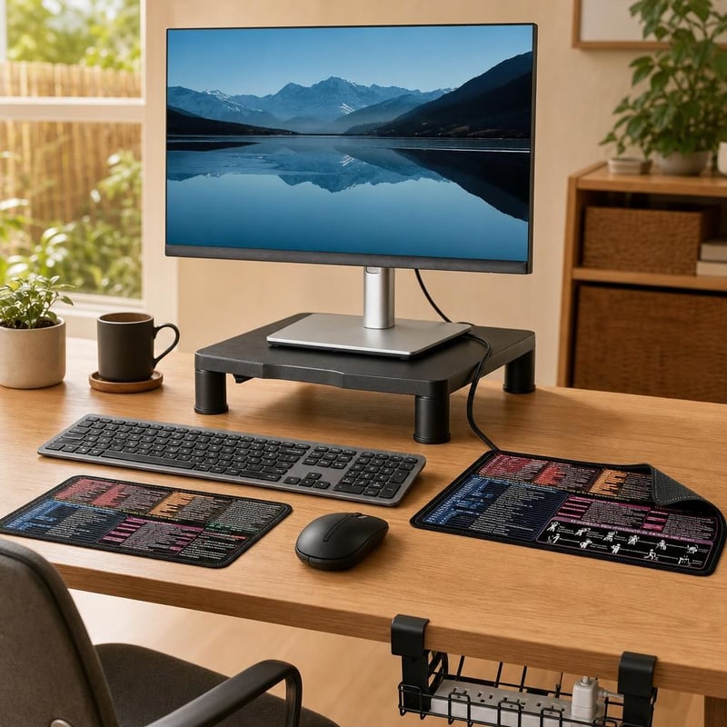 Uredski set za organizaciju: bežična tipkovnica i miš + 2 podloge + stalak za monitor + organizator kabela