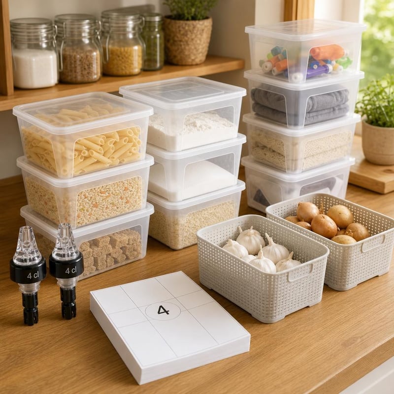 Set organizare cămară: dozator + 3 coșuri + cutii cu capac + 2000 etichete