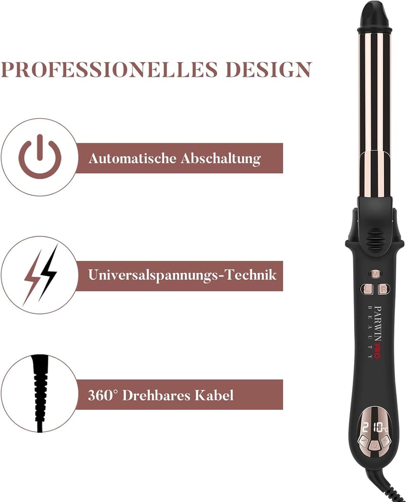 PARWIN PRO BEAUTY 360° Automata Forgó Hajgöndörítő 32mm - LCD Kijelzős Titán Bevonatú Hajformázó Nagy Göndör Fürtökhöz