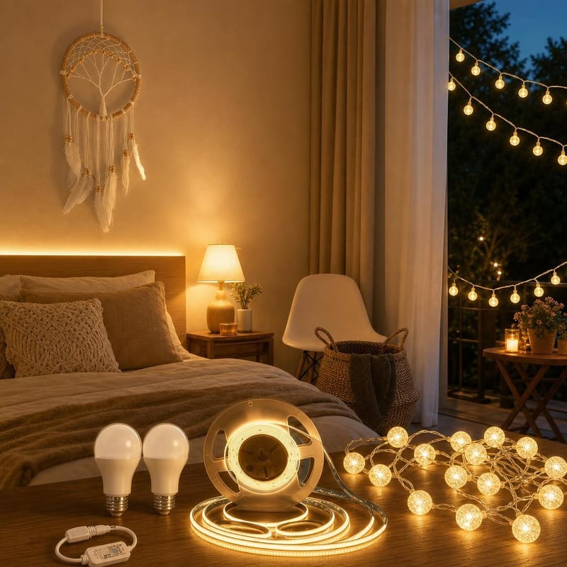 Dreamy Light dekor paket: 12 cm hvatač snova + 5 m LED traka + 6 m svjetlosni niz + 2x E27 LED žarulja