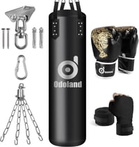 Odoland 6 az 1-ben Boxzsák Szett Felnőtteknek - 120 cm-es Üres Zsák, 12 oz Bokszkesztyű, Mennyezeti Kampó és Lánc, PU Bőr, MMA, Thai Box - Black, L, 6 in 1 1