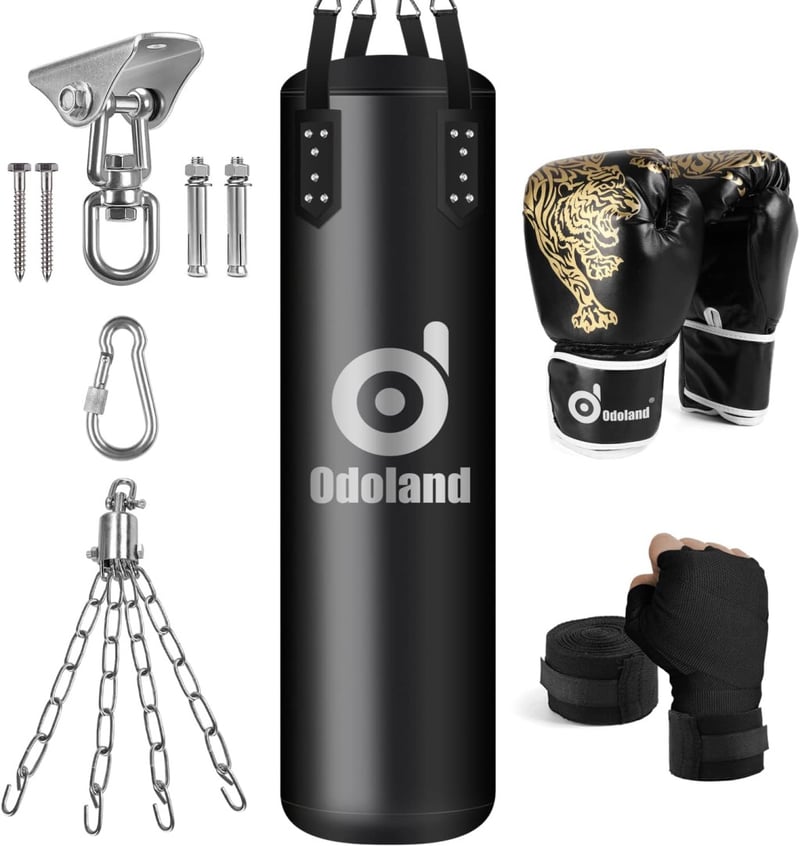 Odoland 6 az 1-ben Boxzsák Szett Felnőtteknek - 120 cm-es Üres Zsák, 12 oz Bokszkesztyű, Mennyezeti Kampó és Lánc, PU Bőr, MMA, Thai Box - Black, L, 6 in 1