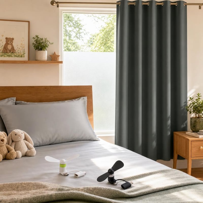 Balíček pre chladný spánok: záves + USB ventilátor + fólia + 2x saténová obliečka