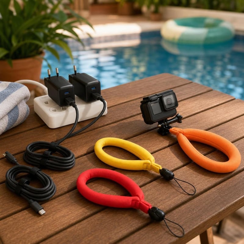 Vízi kamera-kaland: 3 db vízálló úszópánt + 2 db 30 W GaN USB-C gyorstöltő + 2 db 1,5 m kábel