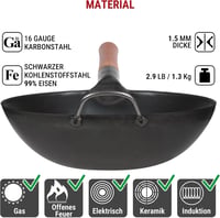 YOSUKATA 30 cm Karbonacél Wok Serpenyő - Előégetett Lapos Aljú Kínai Edény Indukciós, Gáz, Elektromos Főzőlaphoz és Grillhez - Autentikus Áz 4