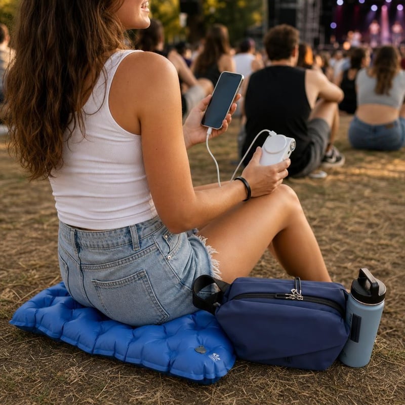 Festivalový set: vodeodolná ľadvinka s držiakom na fľašu + nafukovací vankúš + 5000 mAh powerbanka