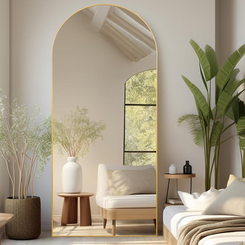 LunaMirror Ívelt Arany Álló Tükör 192x85 cm - Teljes Alakos Padlótükör Hálószobába, Nappaliba - Nagyméretű Fali Tükör Nano Üvegből Alumínium