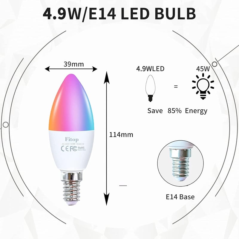 Fitop E14 WiFi LED okos izzó, 16 millió szín, Alexa/Google Home kompatibilis, 4 darab