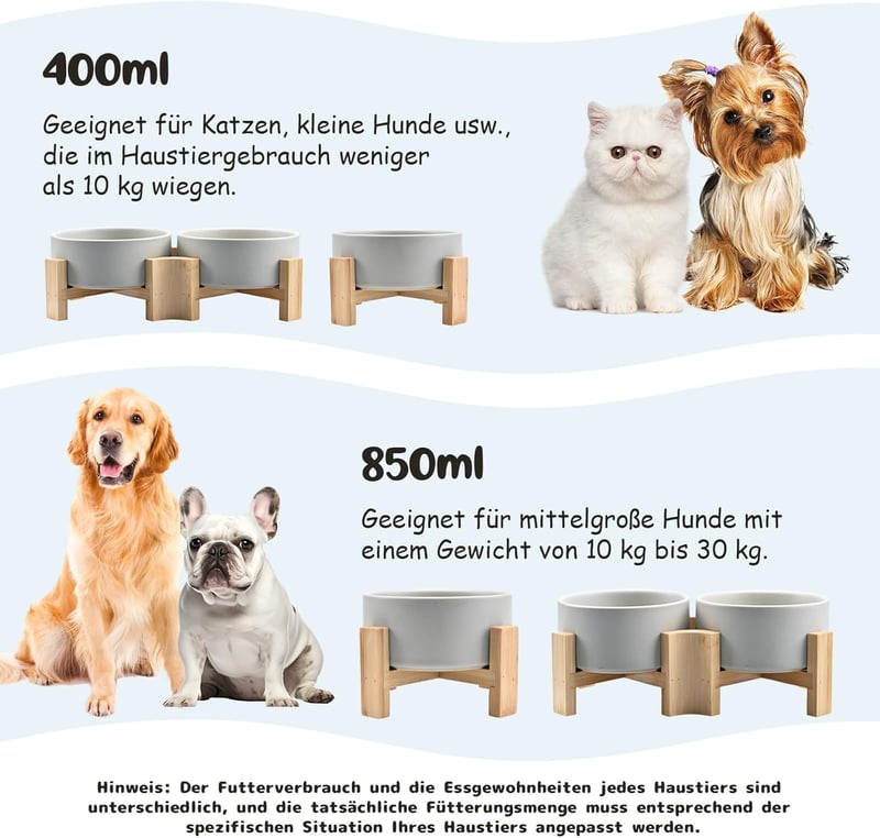 SPUNKYJUNKY 15° Dőlésszögű Kerámia Etetőtál Fa Állvánnyal - 2x400ml Szürke Kutyatál Lapos Orrú Kisállatok Számára, Csúszásmentes