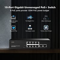 10 Portos Gigabit PoE Switch - 8 PoE+ Port, 120W, Ventilátor Nélküli 2