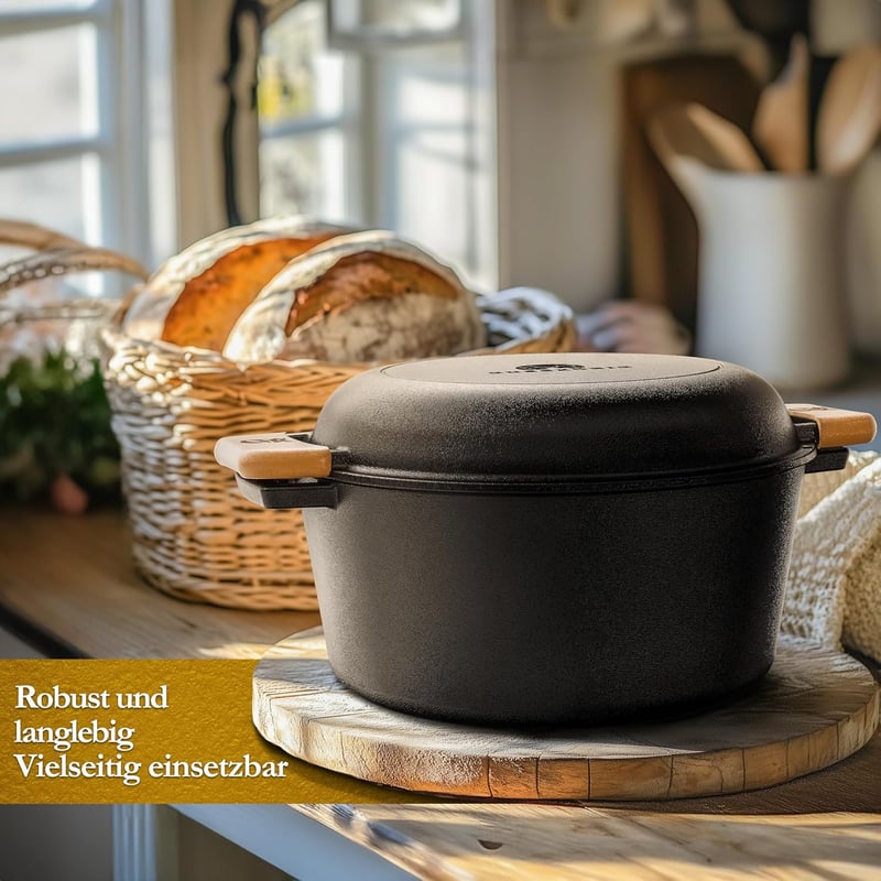 Gusskönig 2in1 Öntöttvas Kenyérsütő Edény 4,8L & Grill Serpenyő 1,8L - Kenyérsütő Forma Fedővel, Tapadásmentes Fekete Öntöttvas Fazék Kiegés