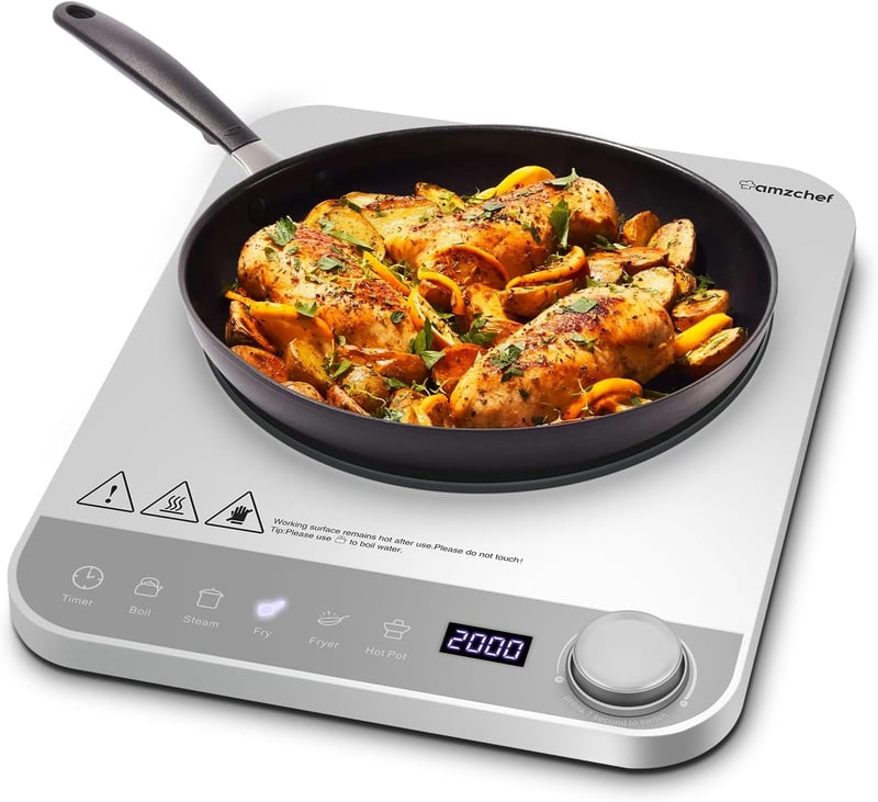 AMZCHEF Indukciós Főzőlap, Vékony Kivitel, Elektronikus Forgógomb, 10 Teljesítményszint, 2000W, Időzítő, Ezüst, Automata Kikapcsolás
