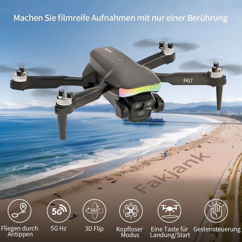 FAKJANK F417 Drón 1080P HD Kamerával, 90° Állítható, WiFi FPV, Kétlencsés, Kefe Nélküli Motor, RGB LED, Kezdőknek, Hordtáskával