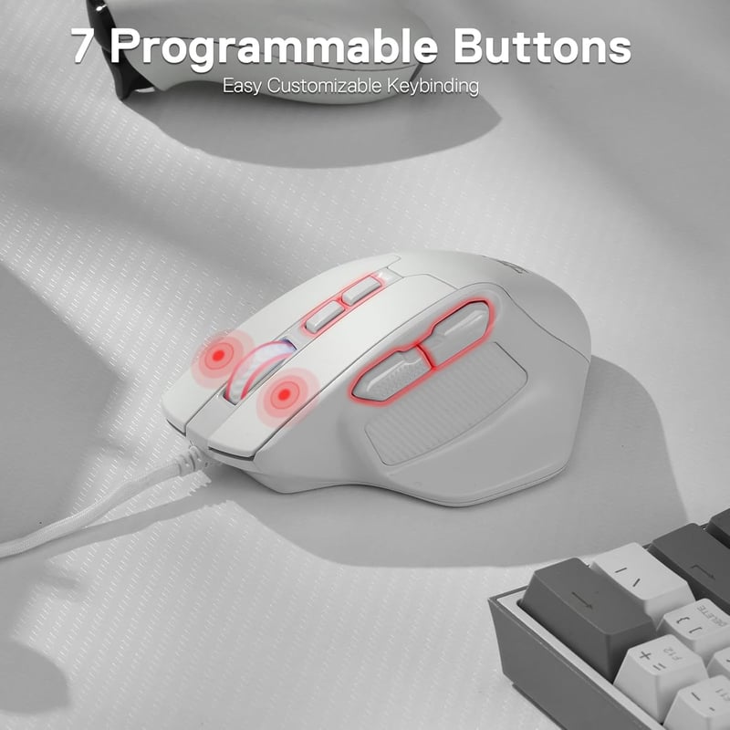 Redragon M806 Bullseye Gamer Egér, 7 Programozható Gomb, RGB Világítás, Ergonomikus Markolat, 12400 DPI, Makró Funkció, Fehér