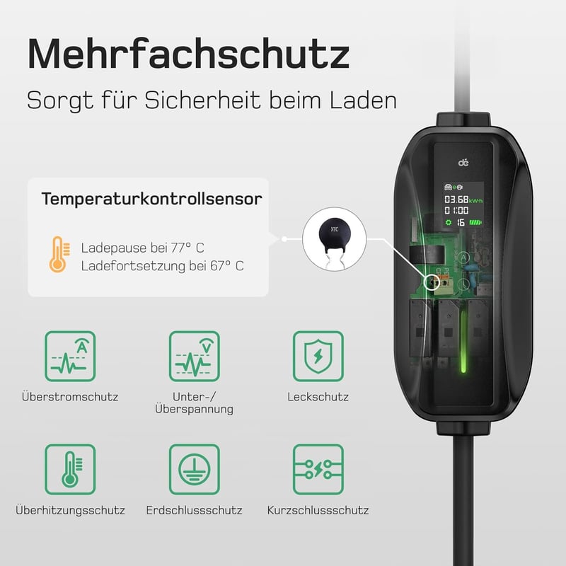 dé Type 2 Elektromos Autó Töltőkábel Schuko 3.68 kW Digitális Kijelzővel - 6m Hordozható EV Töltő Peugeot, Citroën, Mercedes, Audi, BMW, VW 