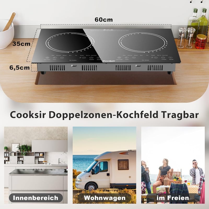 Cooksir 60 cm-es Üvegkerámia Főzőlap 2 Zónával, 3600W, Érintőgombos, Időzítővel, Biztonsági Zárral, Infravörös Fűtéssel, Dugóval, Beépíthető