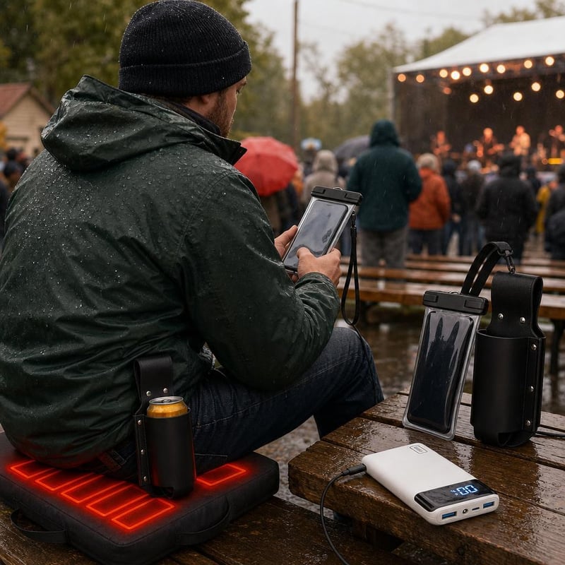 Festival survival set: 1x bottle holder + 2x waterproof case + 1x heated seat pad + 1x 20000mAh power bank