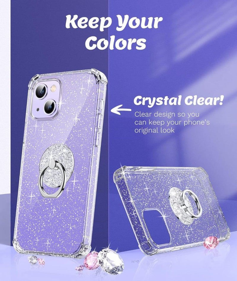 iPhone 13 Mini Átlátszó Glitteres Gyűrűs Tok - Csillogó Ütésálló Védelem