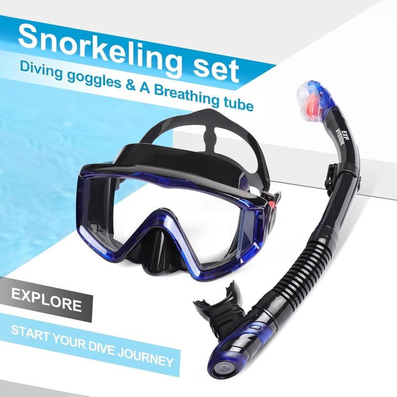 Pano 3 ablakos búvármaszk és légzőcső szett felnőtteknek, kék - Párásodásgátló profi snorkel felszerelés