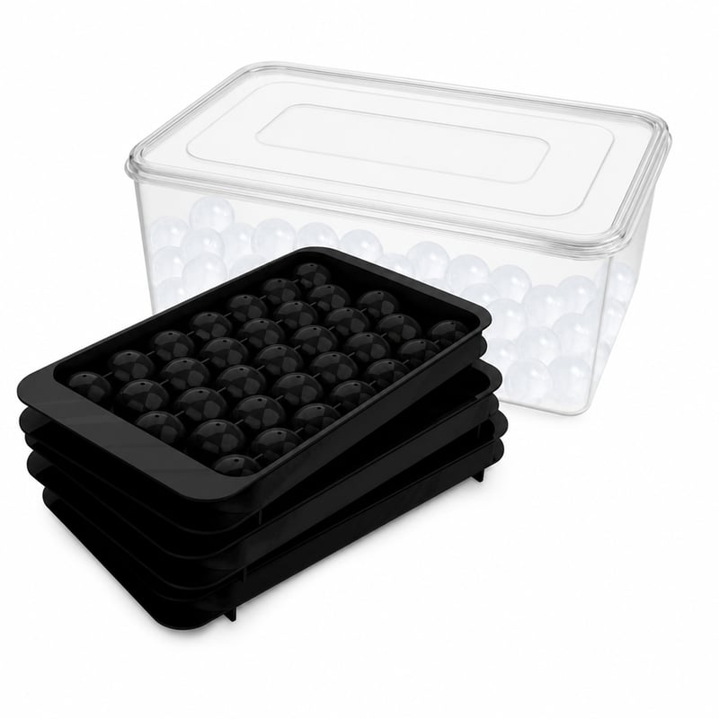 Formă pentru cuburi de gheață Miaowoof cu capac și recipient, 2,5 cm, 99 de cuburi rotunde — Lipsește accesoriul pentru scos gheața (stare: vezi imaginea a 2-a)