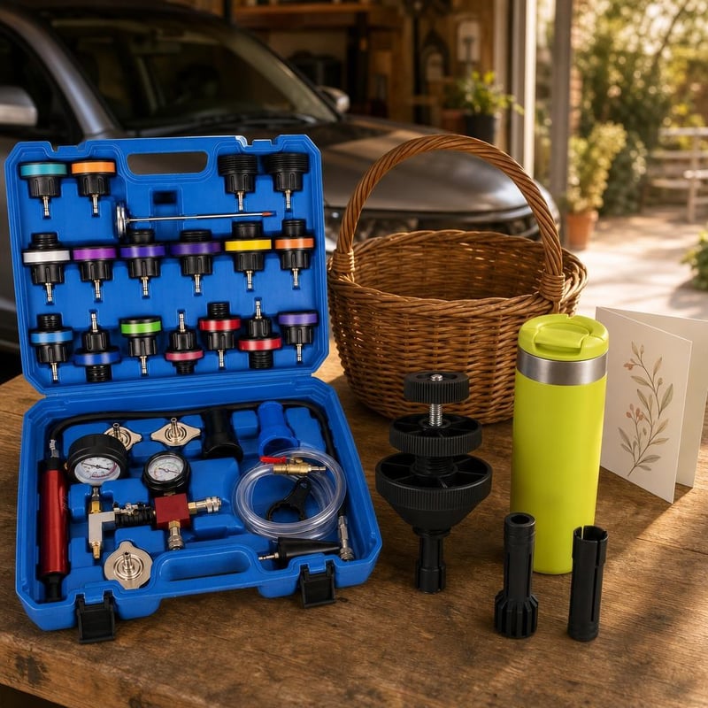 Set za auto majstore: 1x alat za centriranje kvačila + 28-dijelni tester hlađenja + termošalica + poklon košara