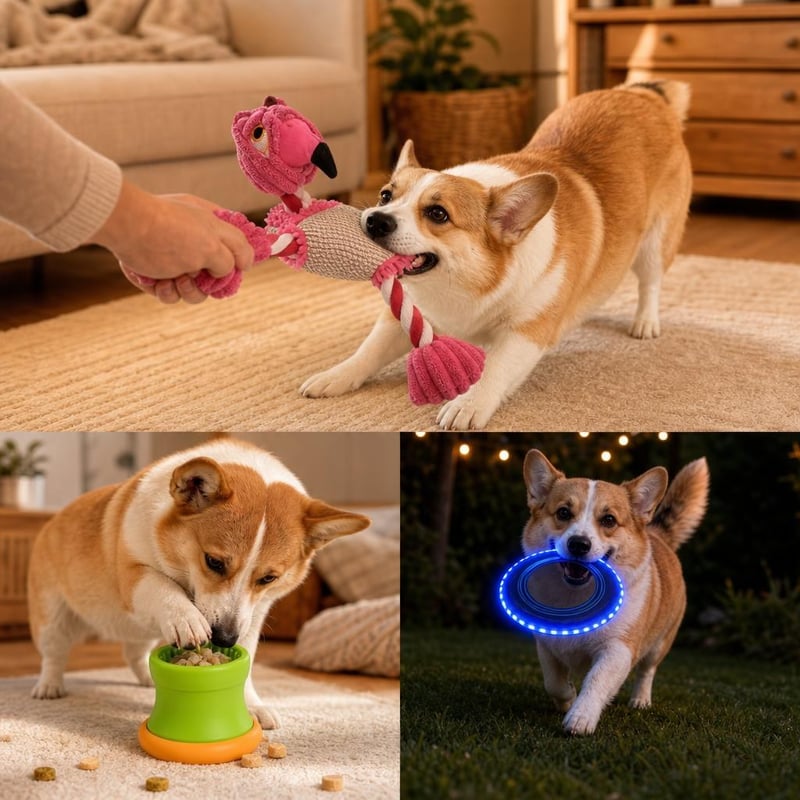 Paket za pse: plišana igračka s užetom + interaktivna puzzle igra + LED frizbi