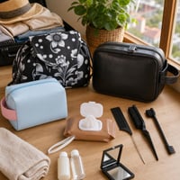 Set voiaj pentru cosmetice: 3 neszesszere + set perii păr + 3 port-șervețele + oglindă pliabilă 1