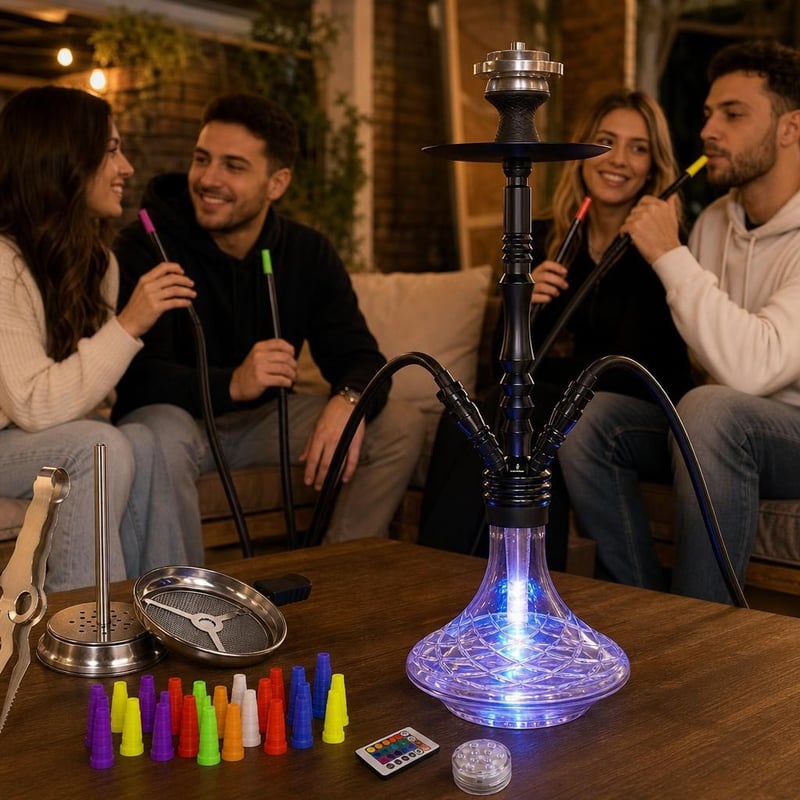 Shisha party kezdőkészlet: 100 db eldobható szájdarab + acél csipesz + 4 csatlakozásos LED XXL shisha