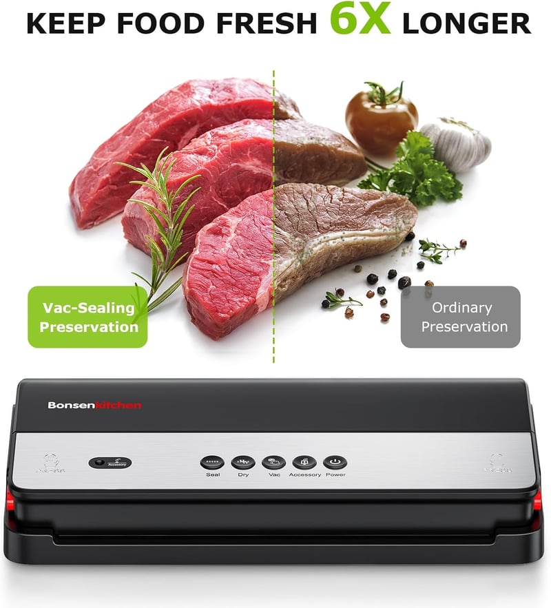 Bonsenkitchen VS3017A 4 az 1-ben Vákuumfóliázó Gép - Száraz és Nedves Ételekhez, Sous Vide Főzéshez, Beépített Vágóval
