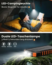 Solárna powerbanka ADDTOP 20000 mAh – 15W rýchlonabíjanie, 3 vstavané káble, LED svietidlo, 5 výstupov, prenosná nabíjačka kompatibilná s iPhone a Androidom 5