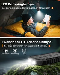 ADDTOP Solárna powerbanka 20000mAh, 15W rýchlonabíjanie, s 3 vstavanými káblami, LED svetlom, 5 výstupmi, čierna, nabíjačka pre iPhone a Android 5